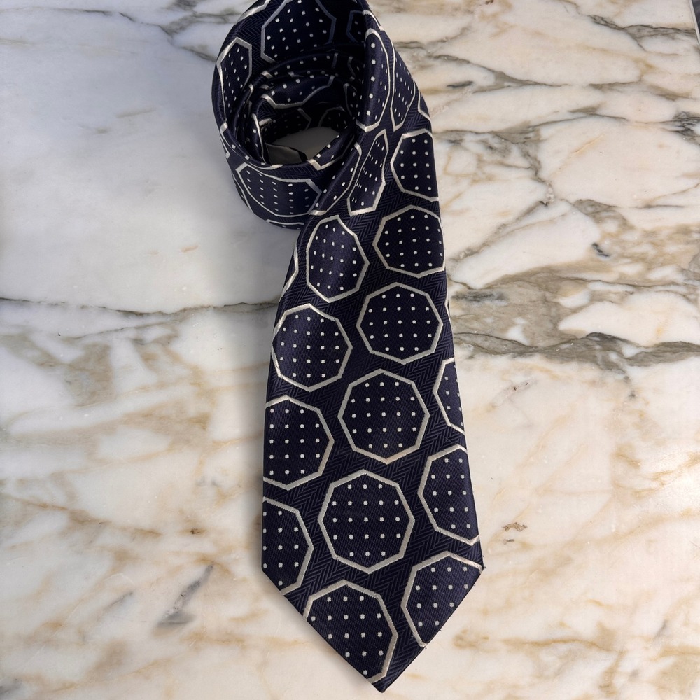 Sears Necktie Mens OS Navy Blue Excellent Vintage 60s Geometric Dotted Octagon